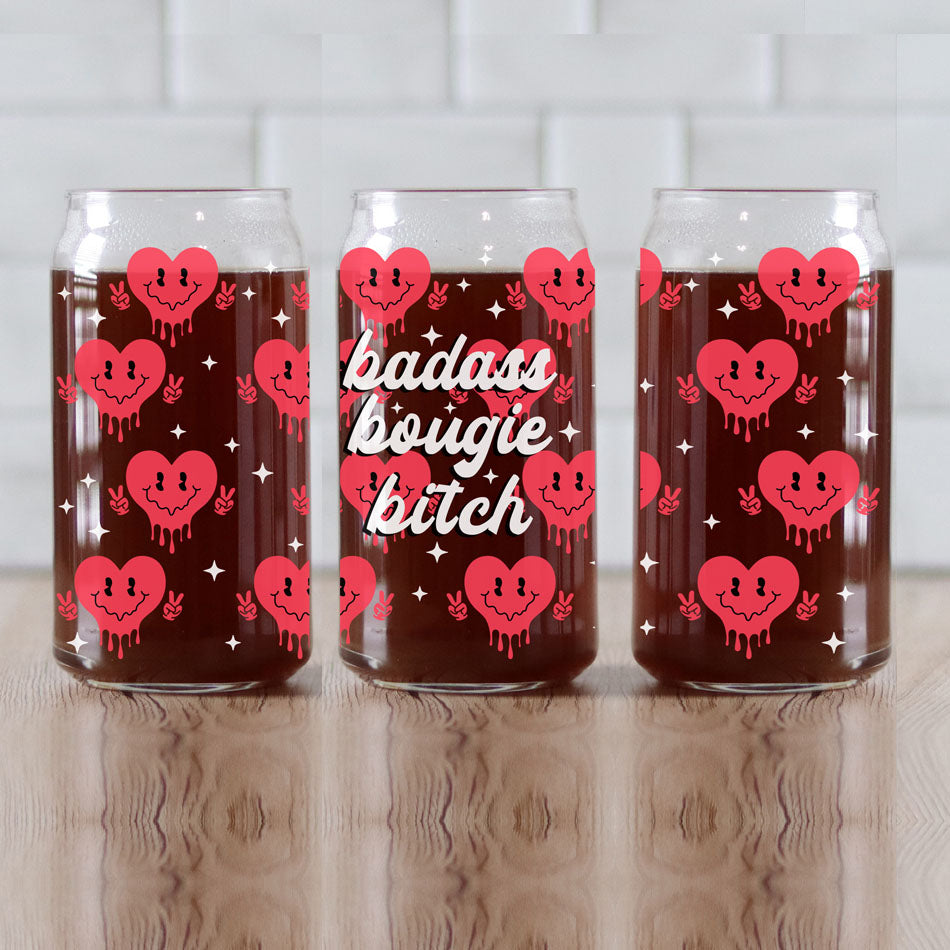 Badass Bougie Bitch 20oz glass cup for strong, confident women.
Retro clip design on a 20oz glass cup with smiley face candy hearts.
Peace sign red candy heart 20oz glass cup for Galentineās Day gifts.